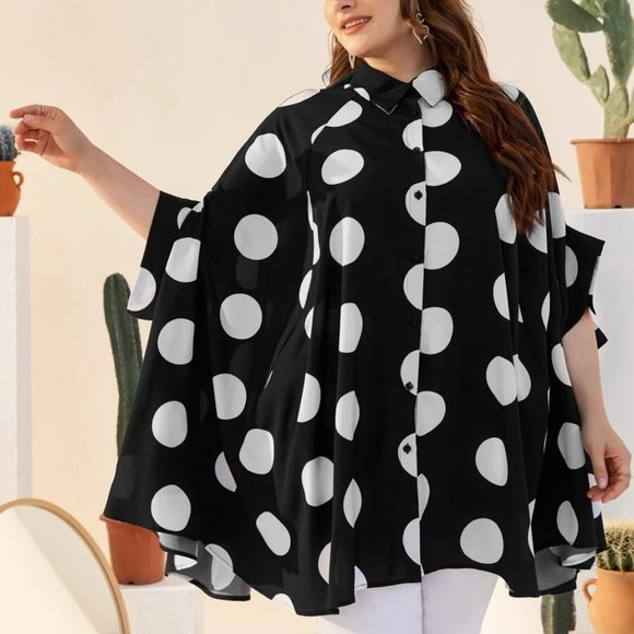 Plus Button Front Batwing Sleeve Polka Dot Shirt - Picture 4 of 5
